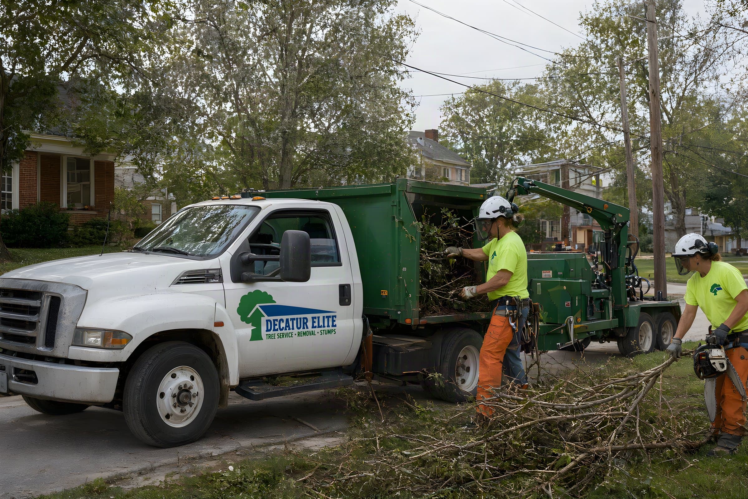 Our chip truck towing a brush chipper on a tree-lined Decatur street while the crew feeds brush