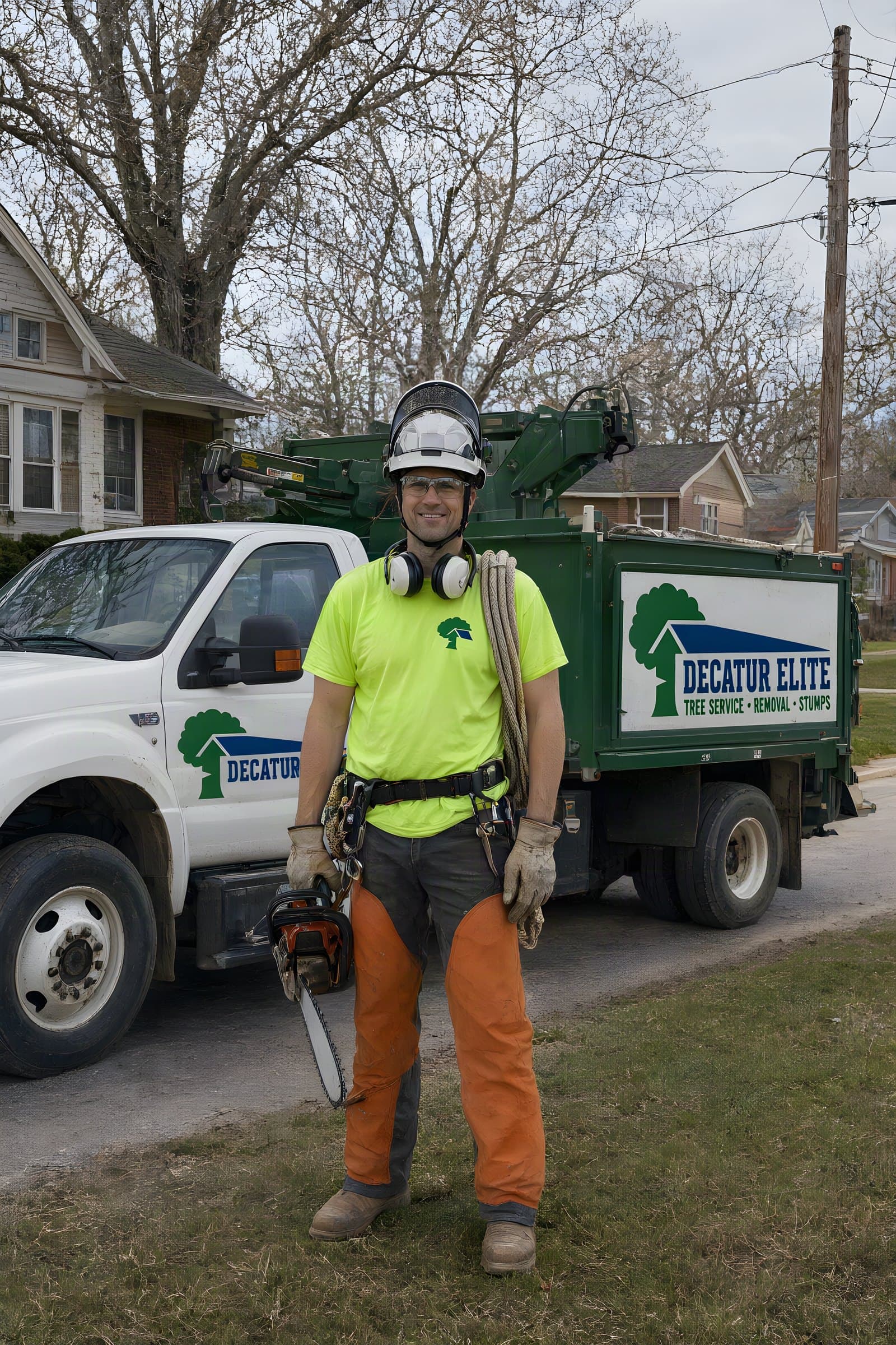 A smiling arborist in a helmet and saw chaps with a climbing rope beside our chip truck