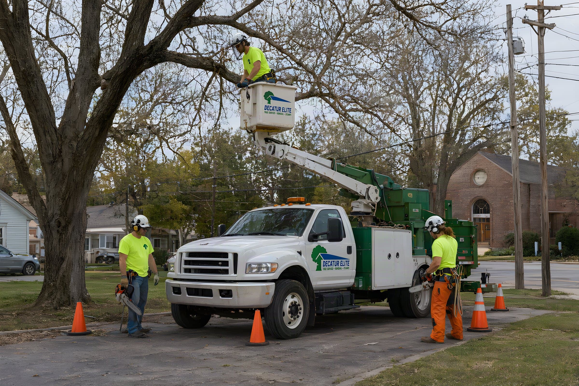 Our bucket truck raising oak limbs over a church parking lot in Decatur