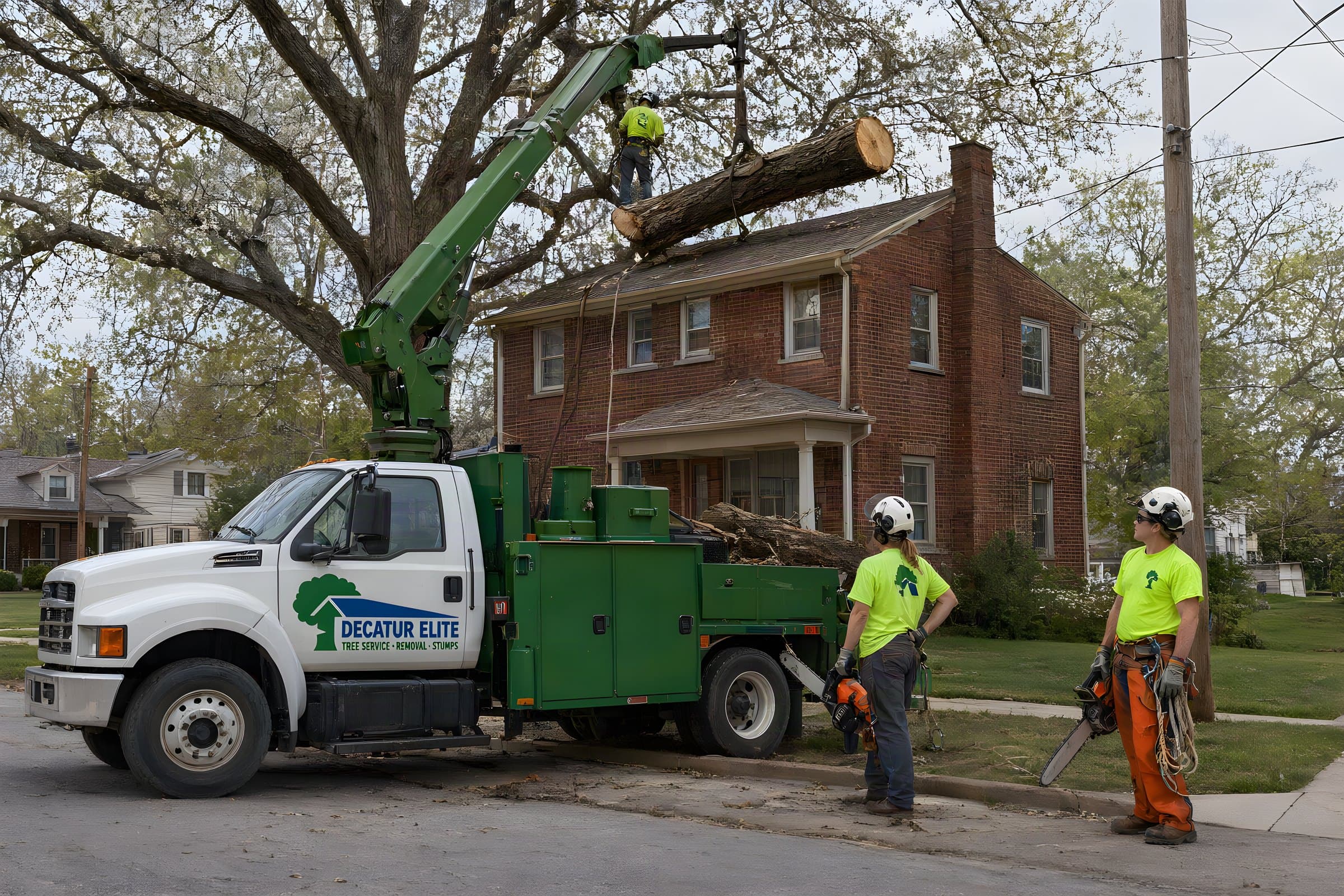 Crane tree removal in Decatur: our knuckle-boom crane lifting an oak log over a brick house