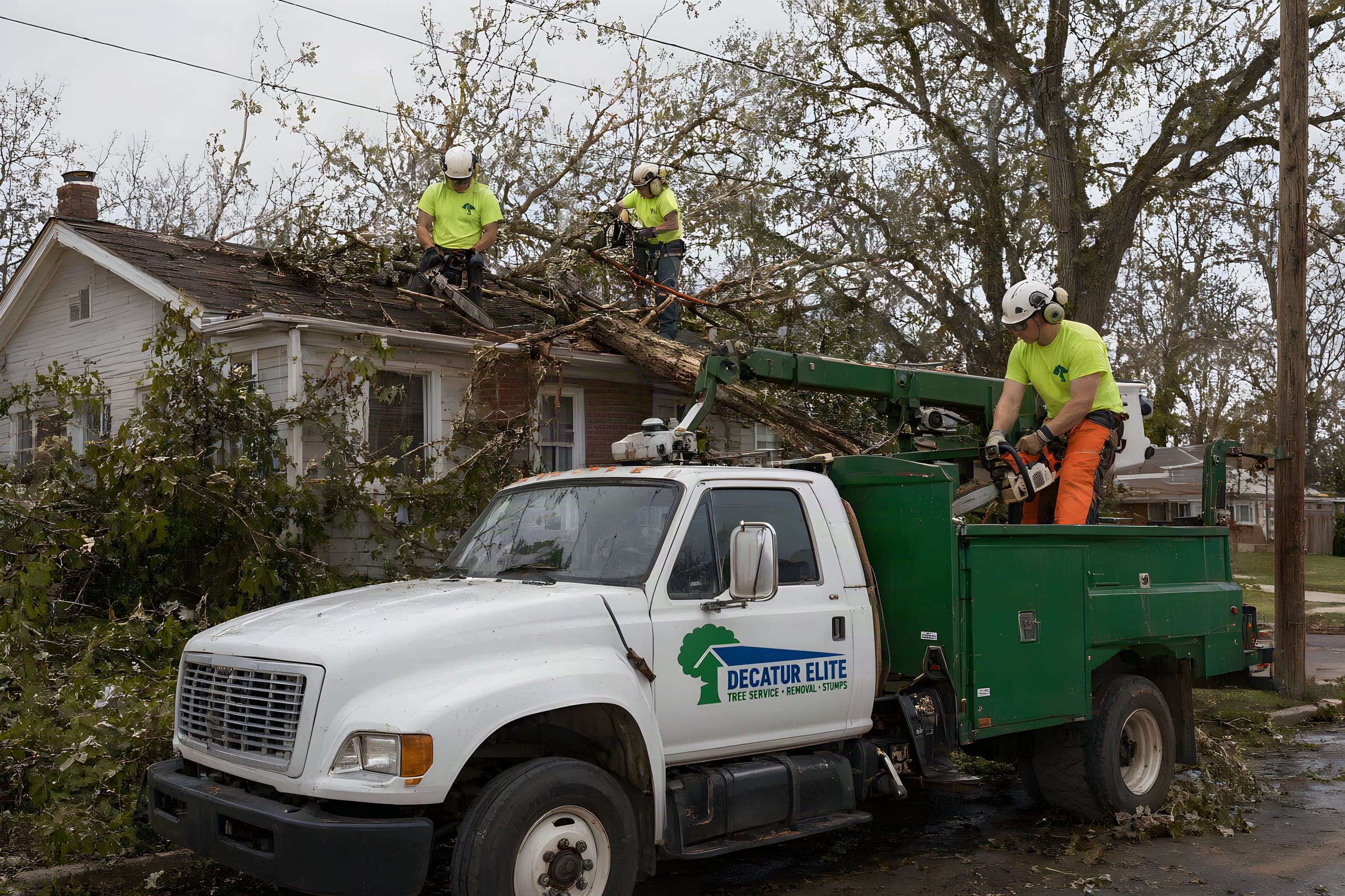 Our crew cutting a storm-felled silver maple off the roof of a Decatur house