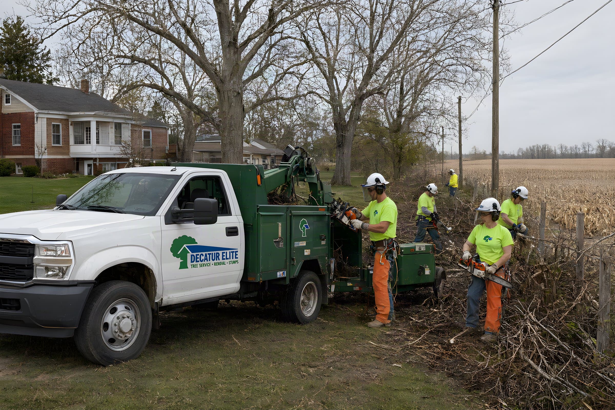 Our crew clearing an overgrown fence line beside a cornfield near Decatur