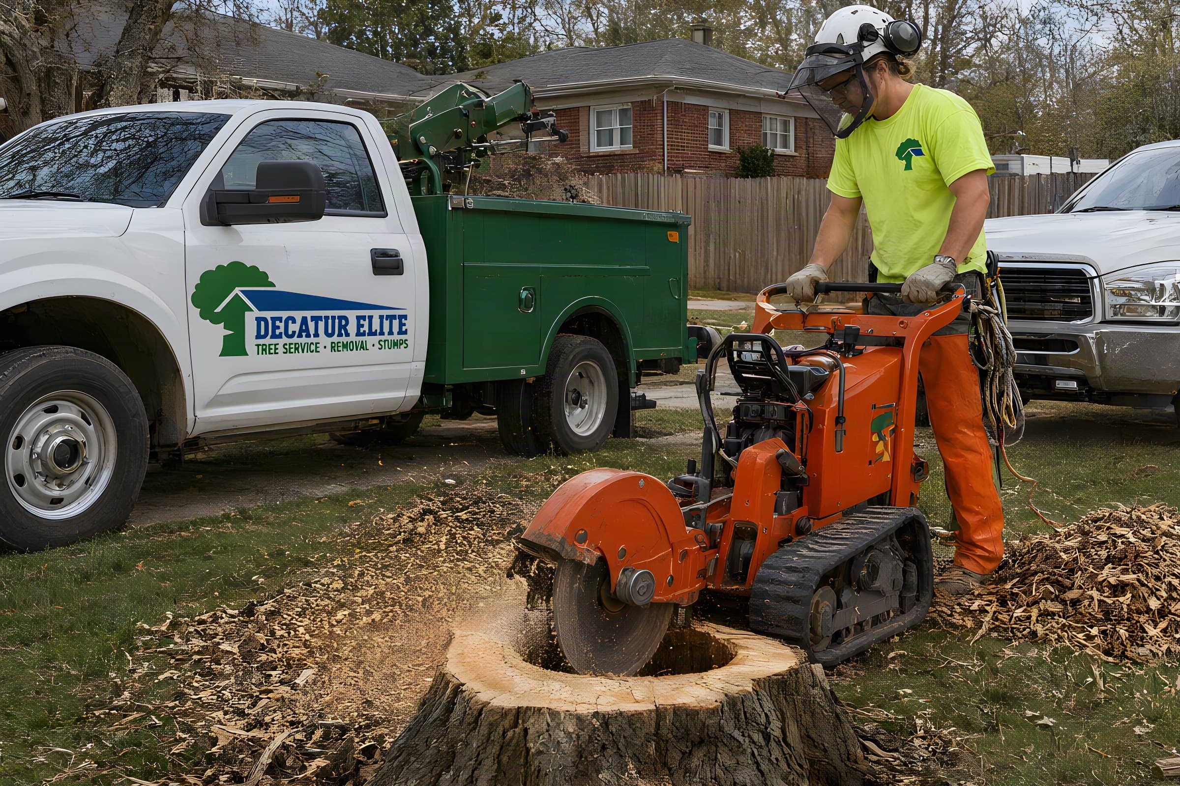 A worker grinding a large oak stump with a tracked stump grinder in a Decatur back yard