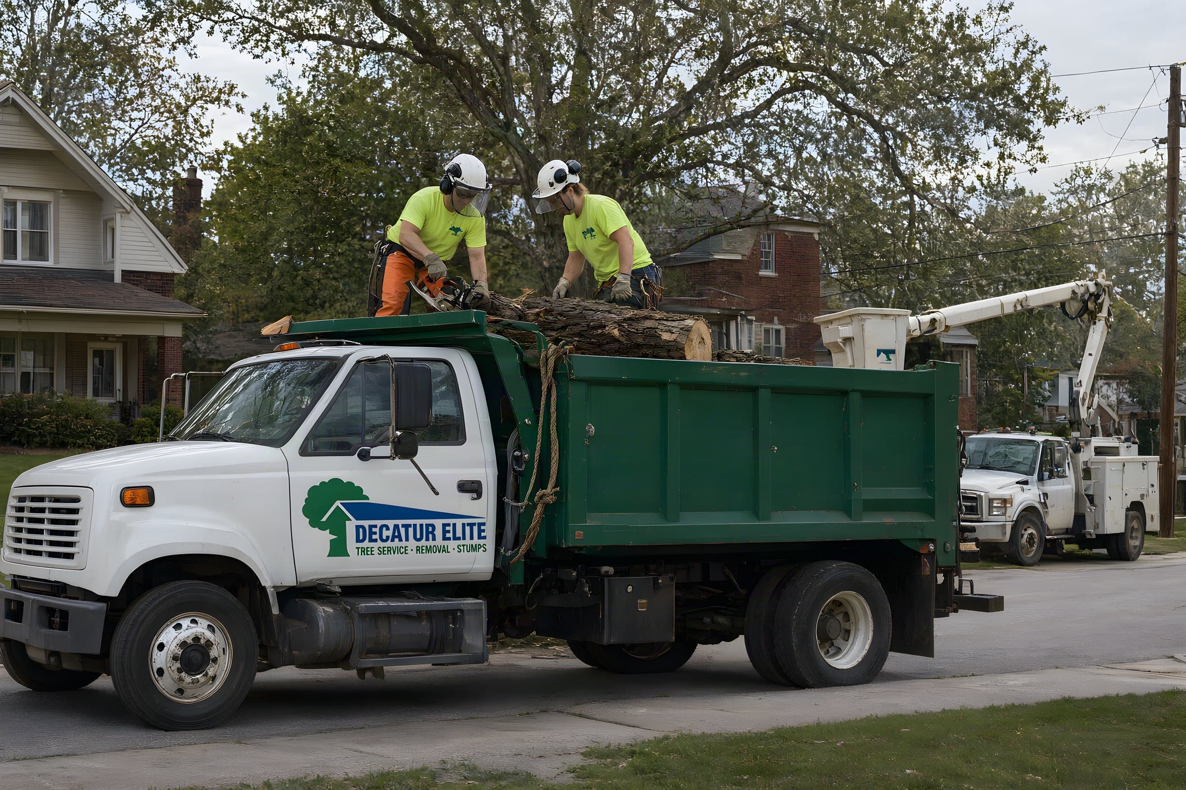 Our crew loading oak logs into a chip truck on a Decatur street