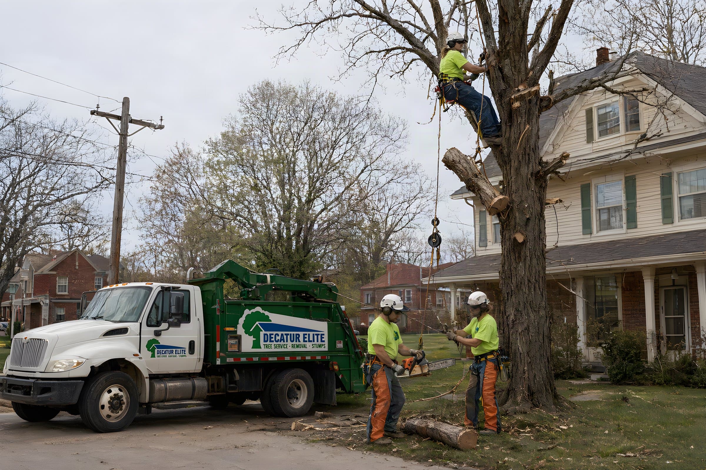 A climber lowering a log section of a dead ash on a rope beside a two-story house in Decatur
