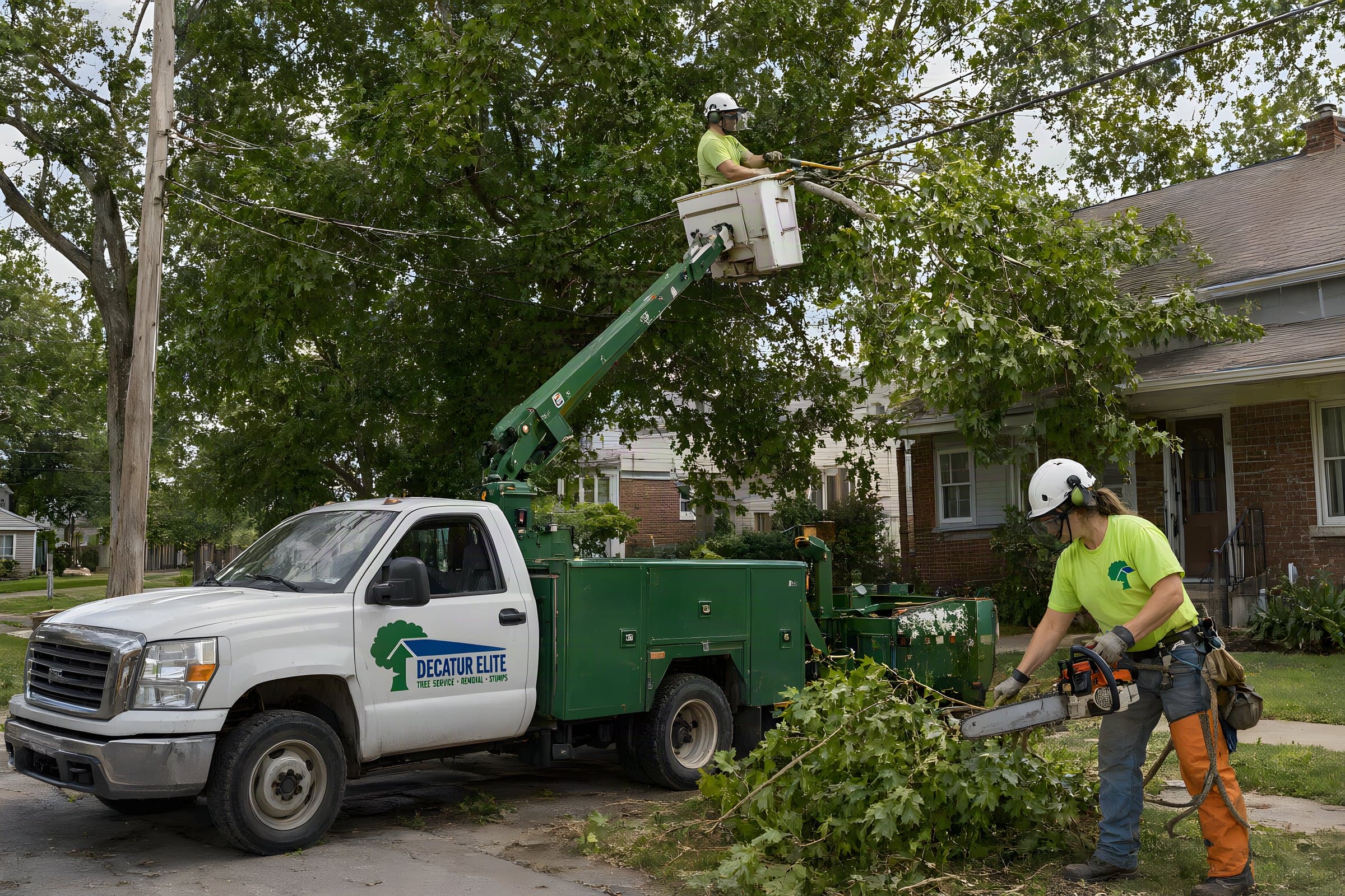 An arborist in our bucket truck trimming a silver maple away from a roof and power lines in Decatur